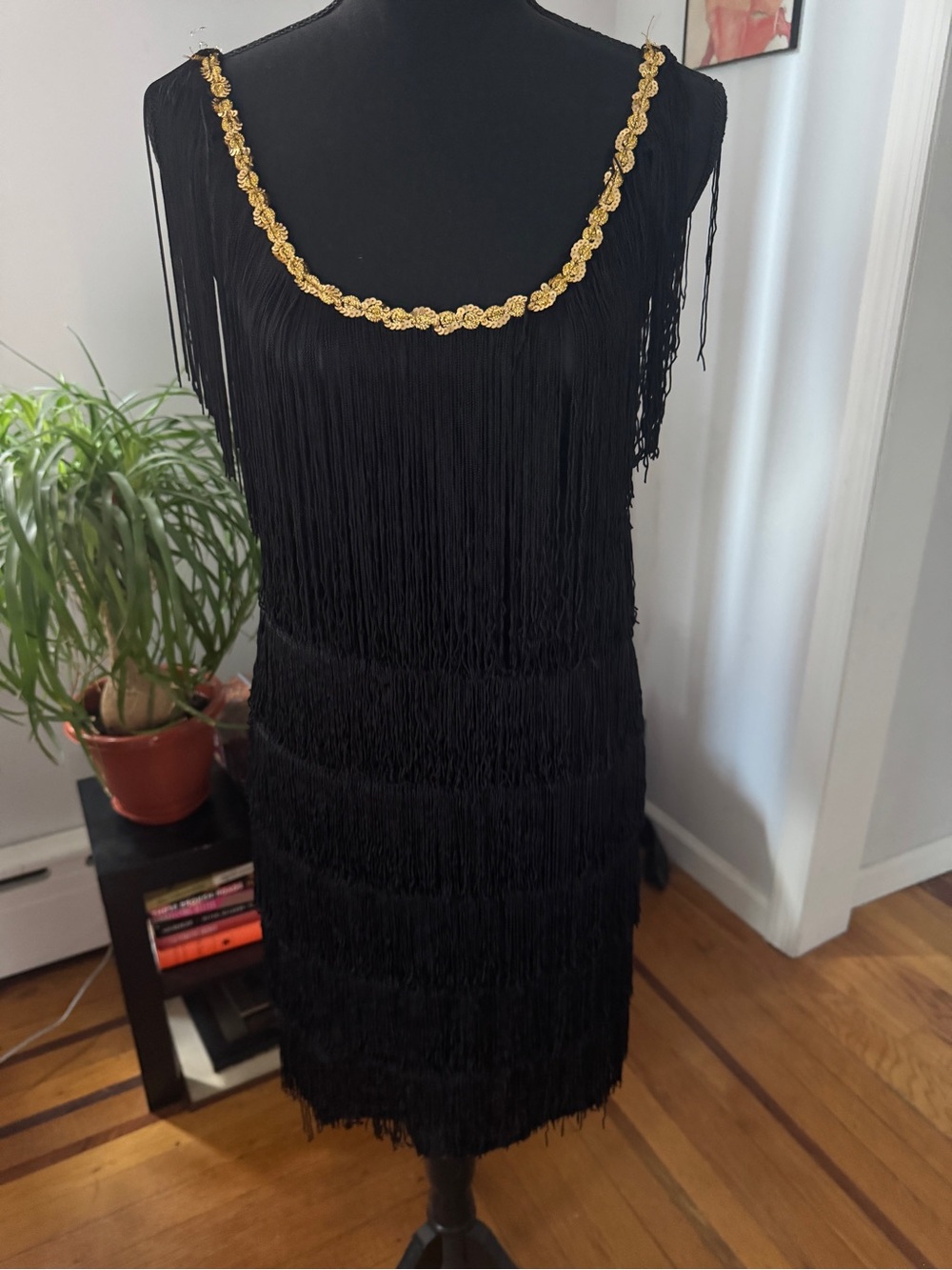 Black Fringe Flapper Costume. Dress with Gold Trim and Feather Headband. Size M